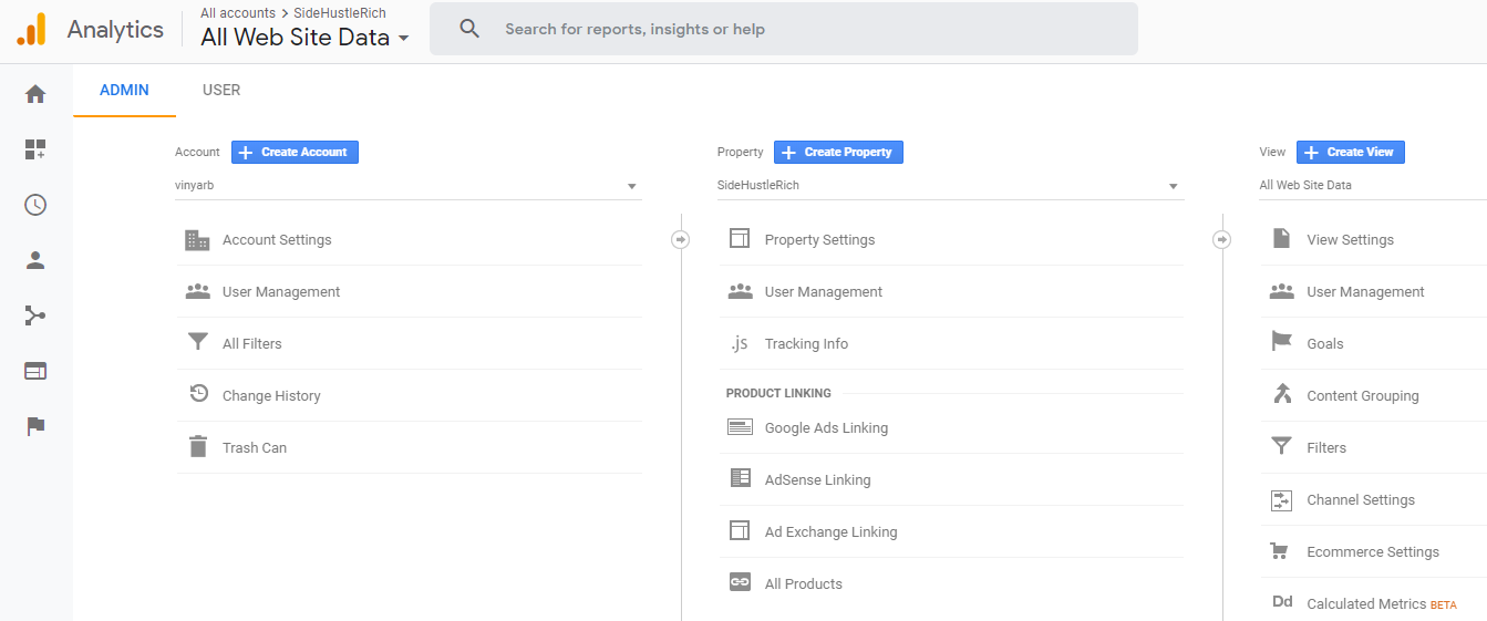 google analytics admin screen